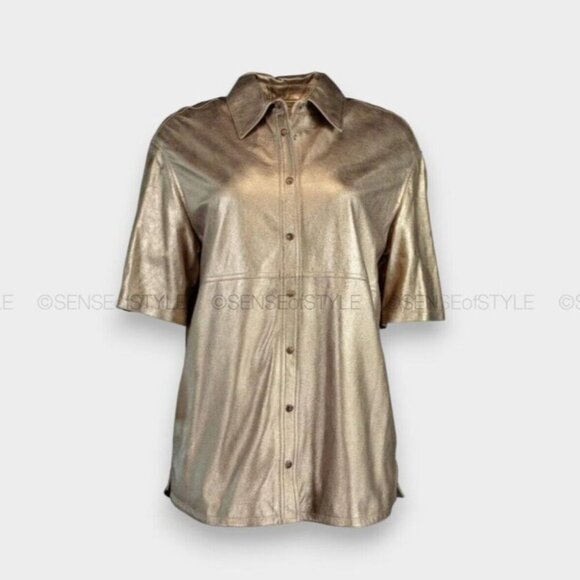 Brunello Cucinelli Leather Jacket Top Monili trim metallic XS 38 2